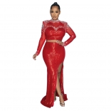 Red Women Mesh Long Sleeve Pearls Diamonds Long Dress Elegant Evening Prom Formal Sequins Dreses