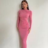 Pink Women's Pleated Long Sleeve Bodycon Evening Prom Long Dress