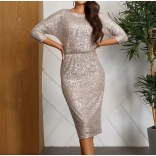 Gold Women's Short Sleeve Sequins Bodycons Formal Midi Dress