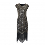 Black Gold Women's Sequins Lace Hollow-out Party Prm Midi Dress Sexy Evening Formal Tassels Clothing