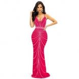 RoseRed Women's Straps V-Neck Mesh Diamonds Bodycon Prom Evening Long Dress Clothing