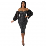 Black Women's Off-Shoulder Mesh Sleeve Sequins Bodycon Midi Dress Evening Party Prom Sexy Clothing