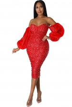 Red Women's Off-Shoulder Mesh Sleeve Sequins Bodycon Midi Dress Evening Party Prom Sexy Clothing