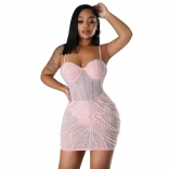 Pink Women's Straps Low-Cut V-Neck Diamonds Bodycon Party Prom Mini Dress