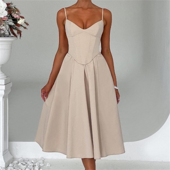 Khaki Women's Dress Halter V-Neck Fashion Casual Pleated Skirt Clothing