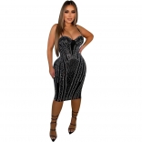 Black Women's Straps Midi Dress Mesh Rhinestones Bodycon Party Evening Formal Clothing