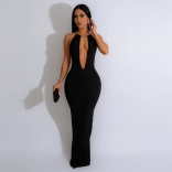 Black Women's Deep V-Neck Halter Long Dress Elastic Evening Bodycons Ball Gown Clothing