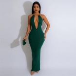 Green Women's Deep V-Neck Halter Long Dress Elastic Evening Bodycons Ball Gown Clothing