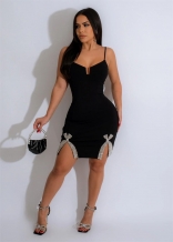 Black Women's Straps Mini Dress Fashion Low-Cut Evening Party Diamonds Clothes