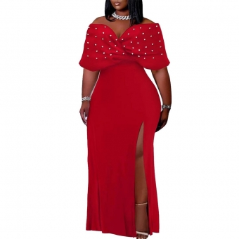 Red Women's Plus Size Short Sleeve Pearls Evening Party Long Split Dress