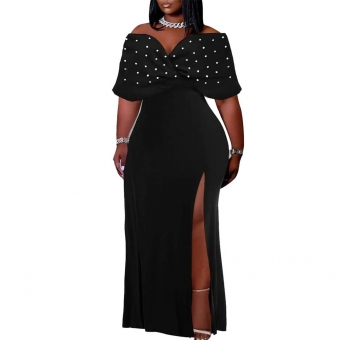 Black Women's Plus Size Short Sleeve Pearls Evening Party Long Split Dress