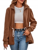 Brown Women's Plush Coats Plush Drawstring Fashion Casual Jacket Clothing