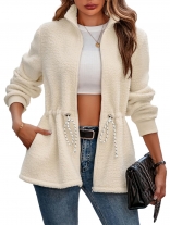 Beige Women's Plush Coats Plush Drawstring Fashion Casual Jacket Clothing