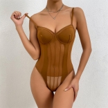 Brown Women's Straps Mesh See-through Sexy Underwear Club Tops Bodysuits