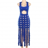 Blue Women Sleeveless Backless Coquette Skinny Tassel See Through Bodycon Clubwear