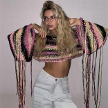 Pink Women's Knitting Long Sleeve Tassels Crop Top Beach Wear Sweaters