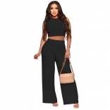 Black Women O-Neck Stretch Fabric Sleeveless Crop Tops Fashion Casual Pants Jumpsuit Dress Sets