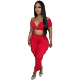 Red Off-Shoulder V-Neck Crop Tops Pleated Party Evening Jumpsuit Dress