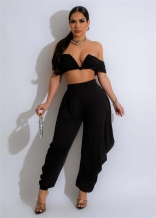 Black Off-Shoulder V-Neck Crop Tops Pleated Party Evening Jumpsuit Dress