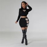 Black Long Sleeve Women's Cutout Diamonds Crop Top Striped Party OL Bodycon Mini Dress