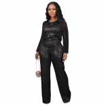 Black Women Long Sleeve Sequins Top Bodycon Office Lady Pant Set Long Dress