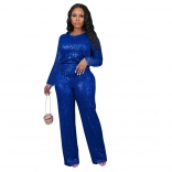 Blue Women Long Sleeve Sequins Top Bodycon Office Lady Pant Set Long Dress