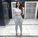 LightGray Women's Long Sleeve O-Neck Crop Top Bodycon Sexy Slim Fit Pant Set Jumpsuit Dress