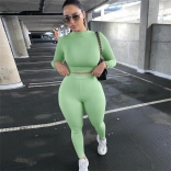 LightGreen Women's Long Sleeve O-Neck Crop Top Bodycon Sexy Slim Fit Pant Set Jumpsuit Dress