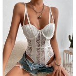 White Women's Straps Erotic Lace Sexy Fancy Steel Corset Bodysuit Lingeries