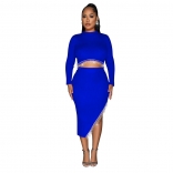 Blue Women's Long Sleeve Diamonds Tassels Crop Top Bodycons Split Party Midi Dress