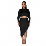 Black Women's Long Sleeve Diamonds Tassels Crop Top Bodycons Split Party Midi Dress