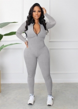 LighGray Women Long Sleeve Zipper Casual Striped Bodycon Sexy Sports Jumpsuit