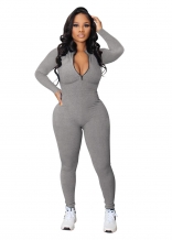 DarkGray Women Long Sleeve Zipper Casual Striped Bodycon Sexy Sports Jumpsuit