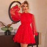 Red Women Mesh Long Sleeve Shiny Casual Cute Girls Skirt Dress