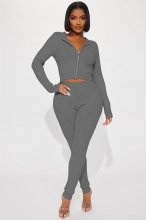 Gray Womenn Long Sleeve Zipper Sweaters Hooded Top Knitted Cotton Pants Jumpsuit Dress