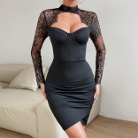 Black Lace Long Sleeve Low-Cut V-Neck Bodycon Party Dancing Mini Dress