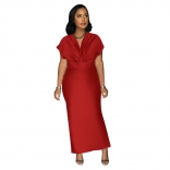 Red Women's Deep V-Neck Pleated Bodycons Split Office Midi Dress