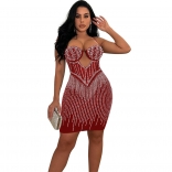 WineRed Women Sexy Low Cut Diamonds Pearls Bra Mesh Bodycon Party Mini Dress