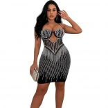 Black Women Sexy Low Cut Diamonds Pearls Bra Mesh Bodycon Party Mini Dress