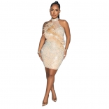 Beige Sleeveless Women Backless Feather Rhinestones Bodycon Evening Party Dress