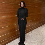 Black Women's Long Sleeve High Collar Pleated Knot Evening Formal Long Dress