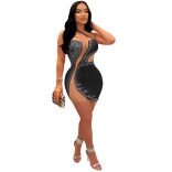 Black Halter Mesh See-through Diamonds Sleeveless Party Dance Sexy Mini Dress