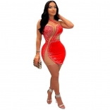 Red Halter Mesh See-through Diamonds Sleeveless Party Dance Sexy Mini Dress