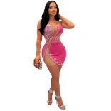 RoseRed Halter Mesh See-through Diamonds Sleeveless Party Dance Sexy Mini Dress