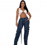 Blue Fashion Sexy Women Denim Pocket Punk Leisure Long Trousers