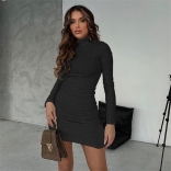 Black Long Sleeve O-Neck Pleated Sexy Bodycon Club Mini Dress