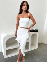 White Halter Low Cut Sexy Top Irregular Ruffles Party Dance Midi Dress