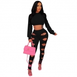 Black Long Sleeve Women Hoody Crop Tops Hollow Out Sexy Club Jumpsuit Dress