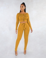 Yellow Women Button Striped Long Sleeve Crop Tops Bodycons Sexy Party Jumpsuit Dress