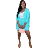 LightBlue Women Fashion Casual Loose Long Sleeved Cardigan Two Piece Short Dress Sets